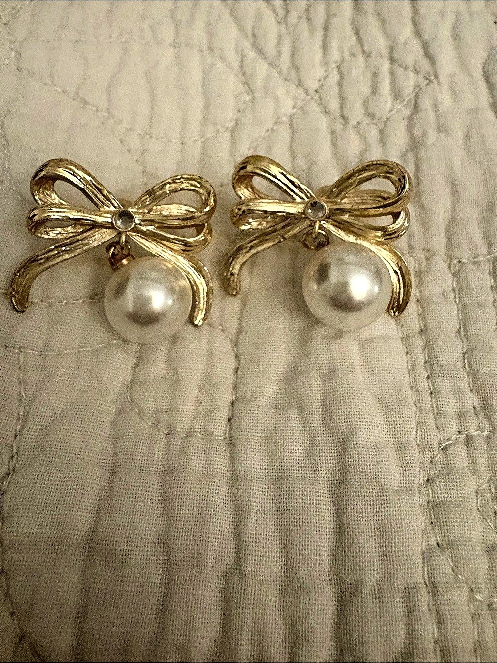 Gold Ribbon Bow Pearl Drop Statement Earrings Rhinestone Coquette Style